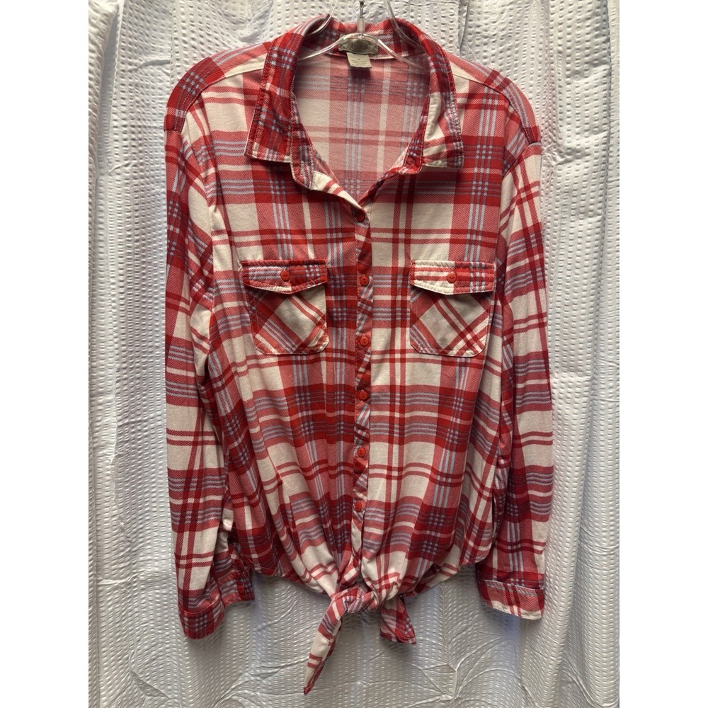 Passport Women's 3X Button Up Asymmetrical Hem Front Tie‎ Red Plaid Shirt